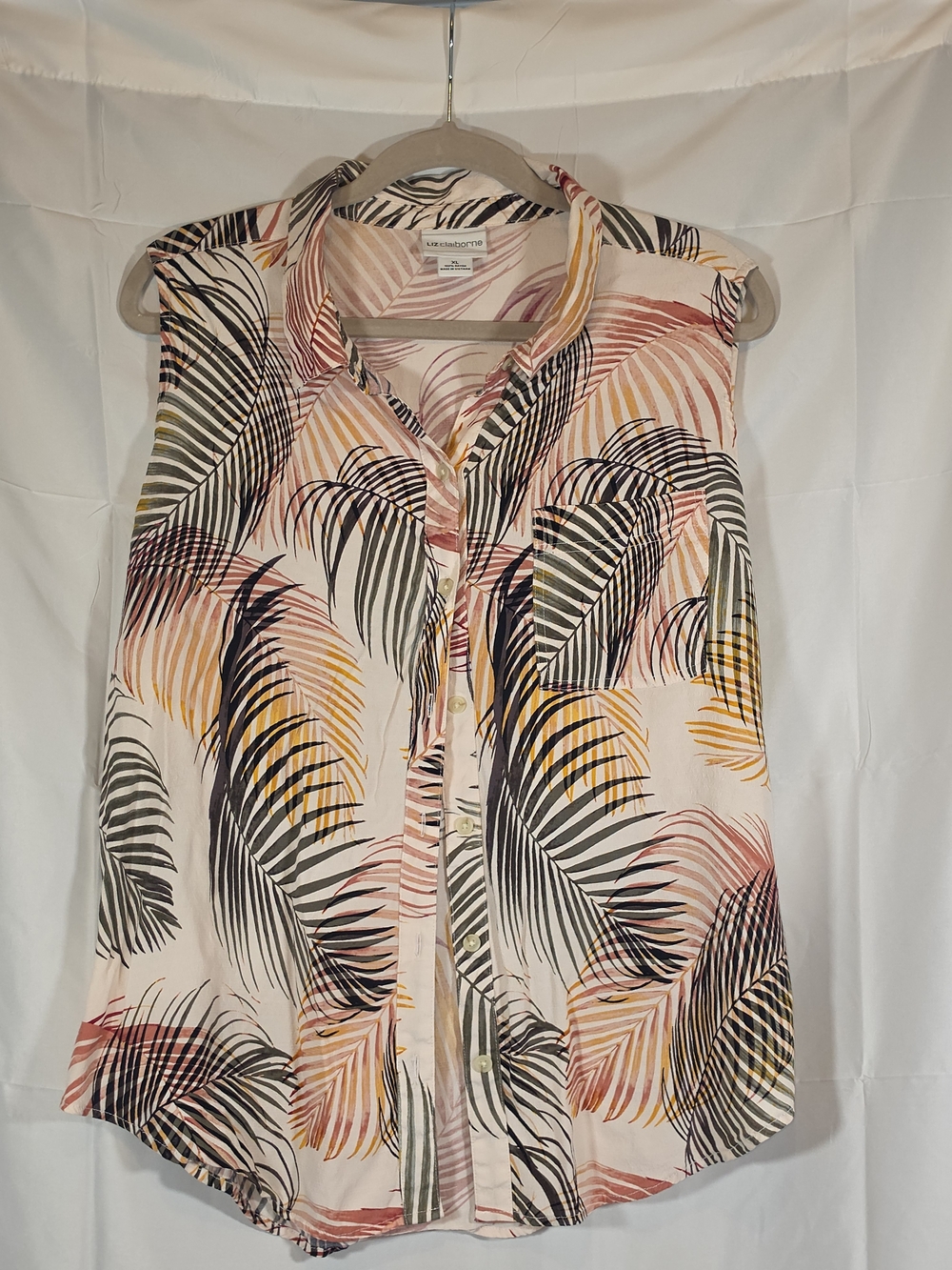 Liz Claiborne XL Abstract Palm Leaf Print Button Front Sleeveless Blouse